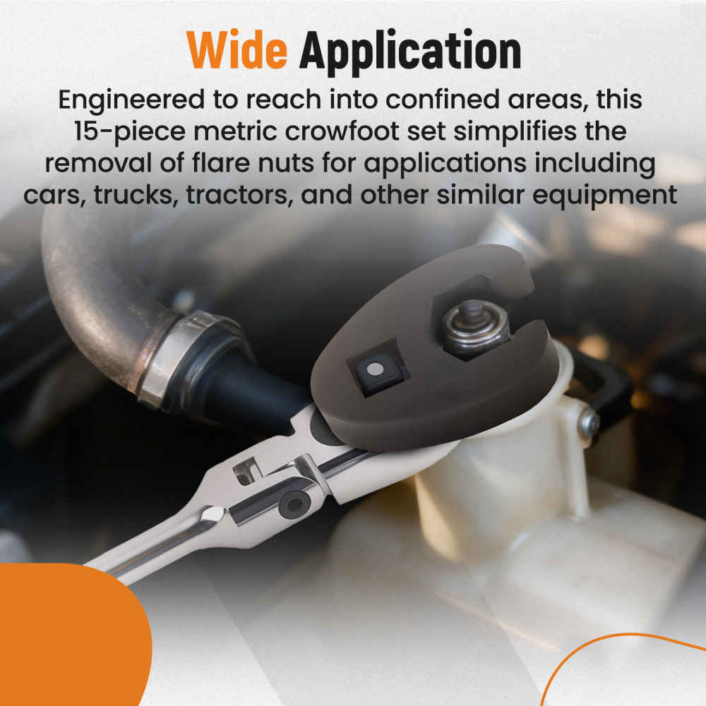 15 Piece Flare Nut Wrench Set Crowfoot Wrench Set 8-24mm 3/81/2 Drive Steel