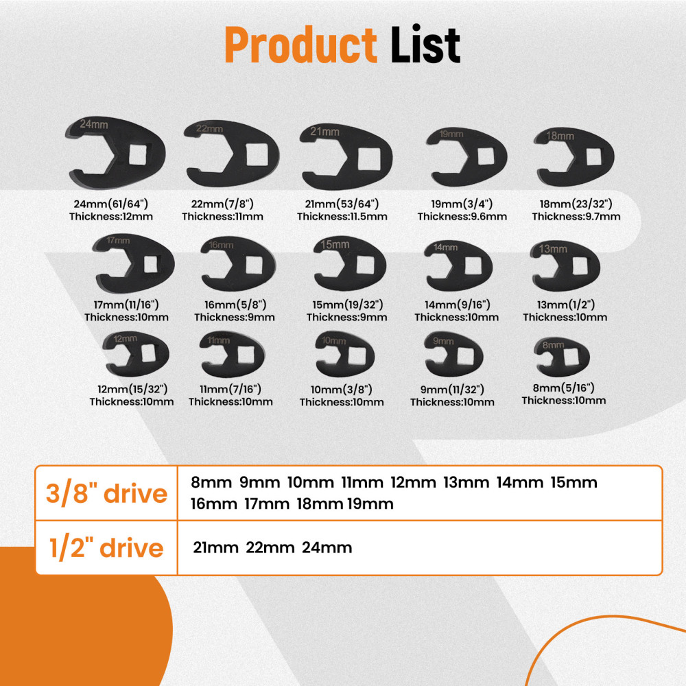 15 Piece Flare Nut Wrench Set Crowfoot Wrench Set 8-24mm 3/81/2 Drive Steel