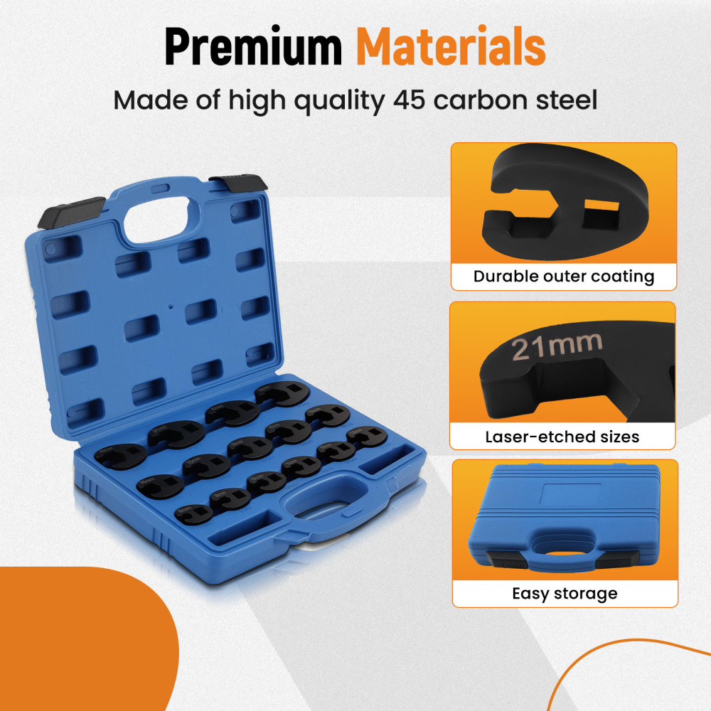 15 Piece Flare Nut Wrench Set Crowfoot Wrench Set 8-24mm 3/81/2 Drive Steel