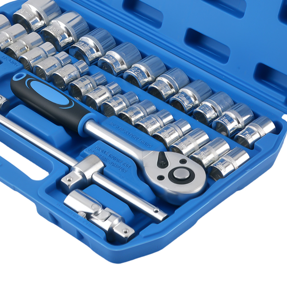 32Pcs 1/2 Drive Socket Set Chrome Steel 6/12-Point Ratchet Wrench Kit 8-32mm