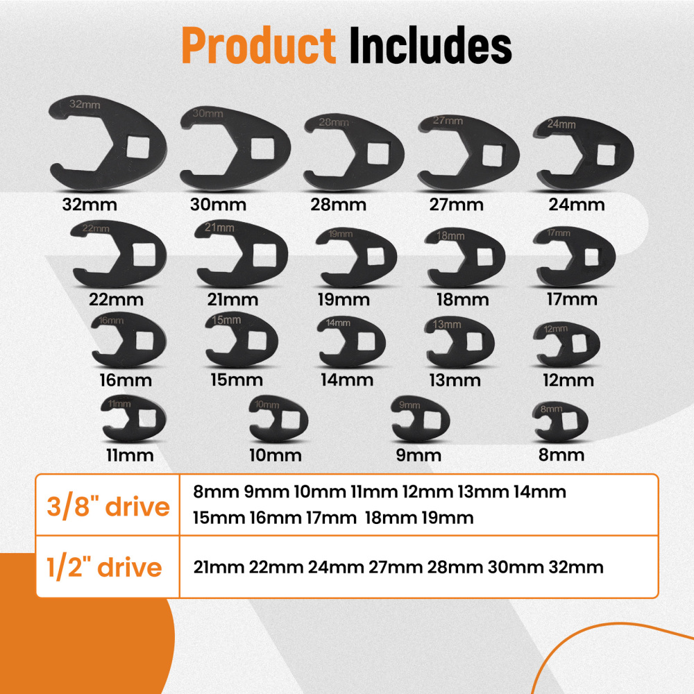 19X Crows foot Wrench Set 1/2 and 3/8” Drive Flare Nut Crowfoot Wrench Set