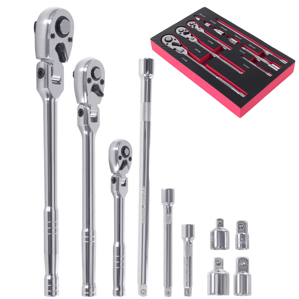 10PCS 1/4 3/8 1/2 Flex Head Ratchet Set 72T CRMO Extension Bars Adapters