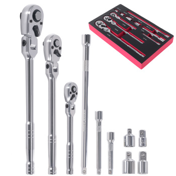 10Pcs 72 Tooth Ratchet Set 1/4 3/8 1/2 Drive CRMO Flex Head Extension Bars