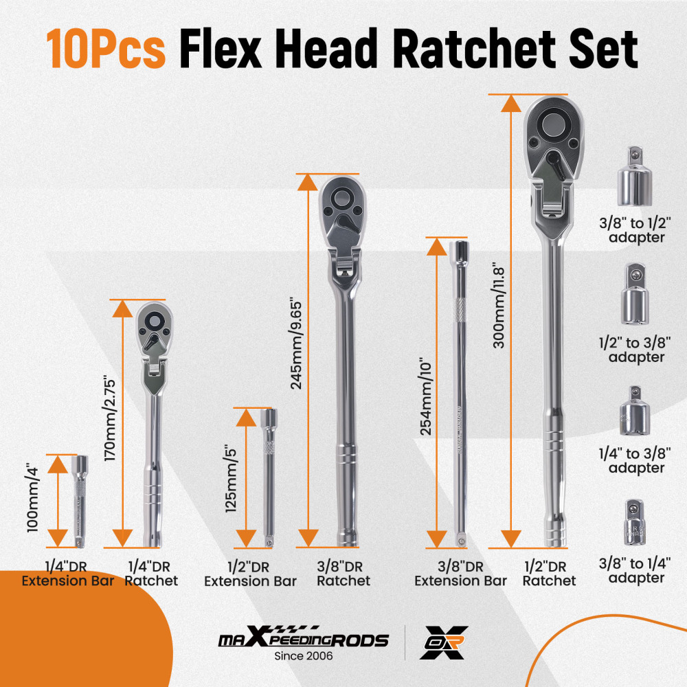 10PCS 1/4 3/8 1/2 Flex Head Ratchet Set 72T CRMO Extension Bars Adapters