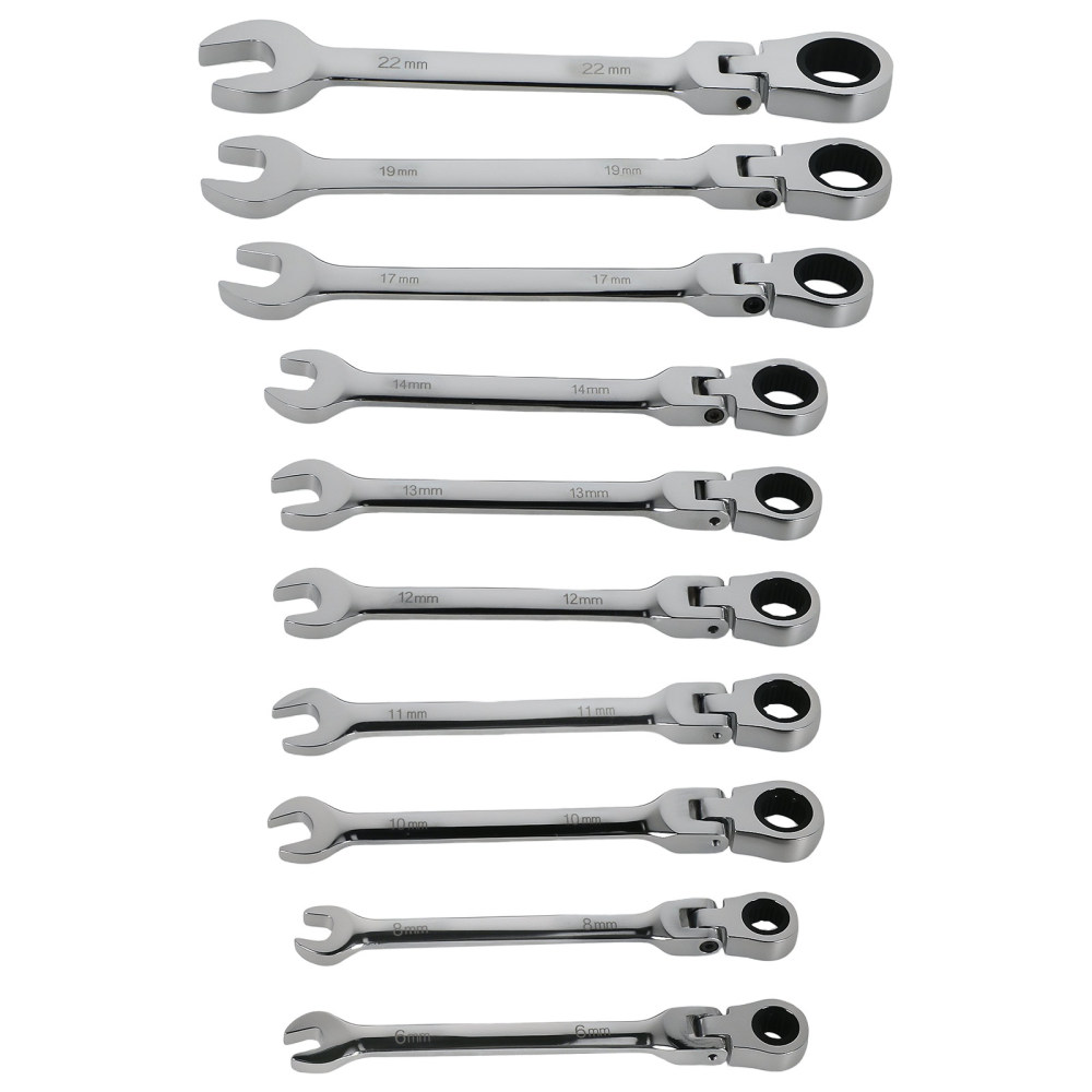 10 Piece Chrome Vanadium Flexible Ratchet Spanner Set 6-22mm With Bag