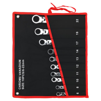 10 Piece Chrome Vanadium Flexible Ratchet Spanner Set 6-22mm With Bag