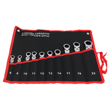 10 Piece Chrome Vanadium Flexible Ratchet Spanner Set 6-22mm With Bag