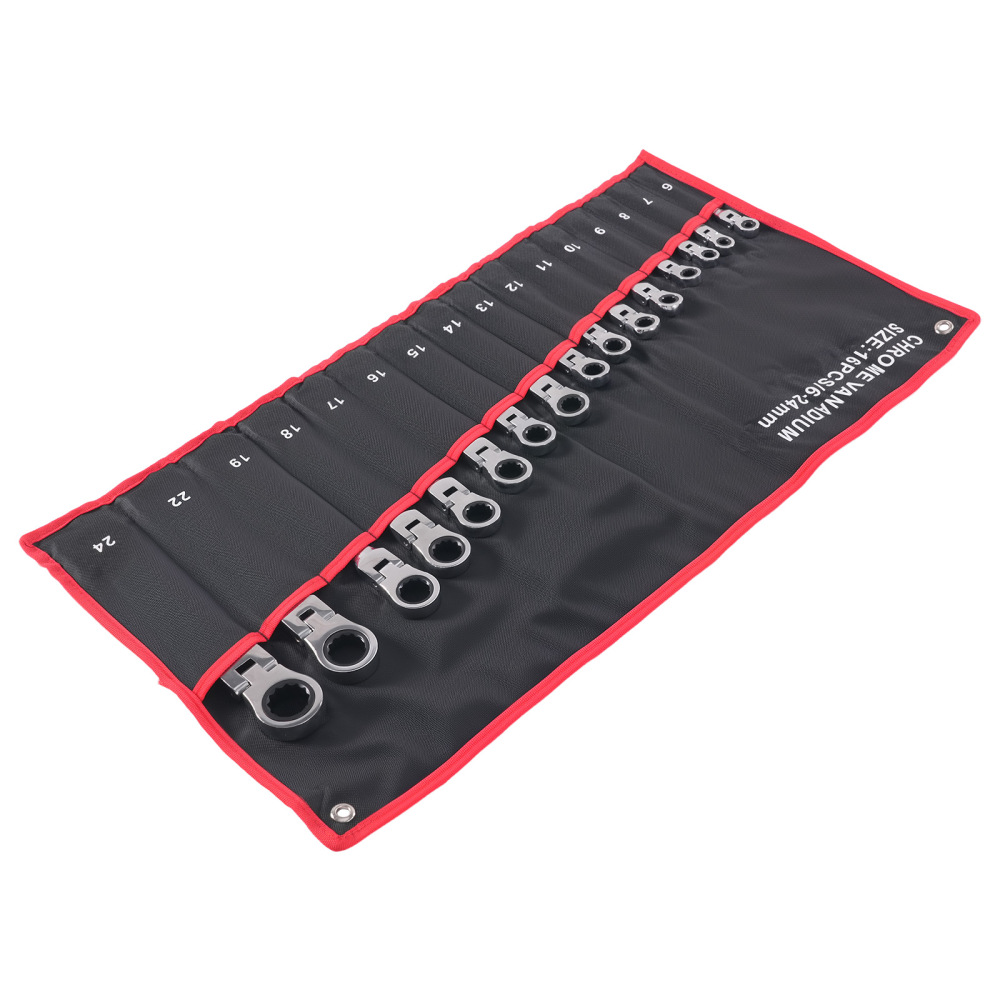 16 Piece Metric Ratchet Wrench Set 6-24mm 180° Pivot 72T Chrome Vanadium