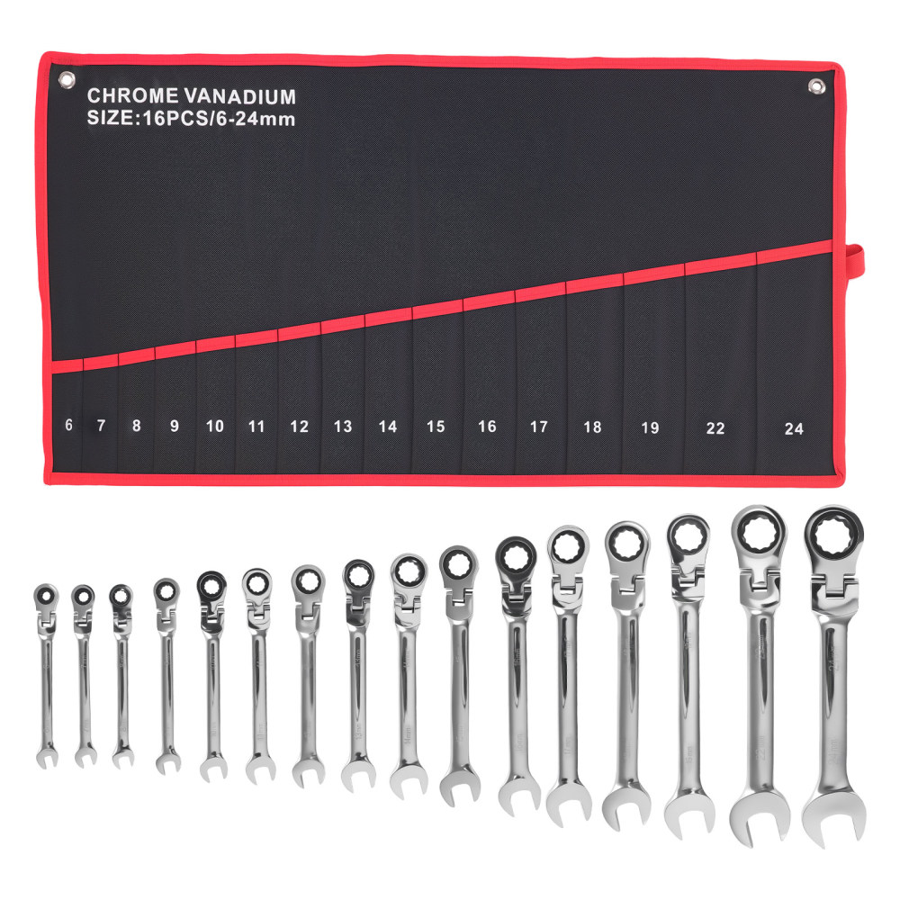 16 Piece Metric Ratchet Wrench Set 6-24mm 180° Pivot 72T Chrome Vanadium