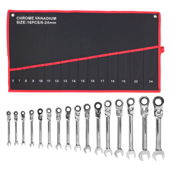 16 Piece Metric Ratchet Wrench Set 6-24mm 180° Pivot 72T Chrome Vanadium