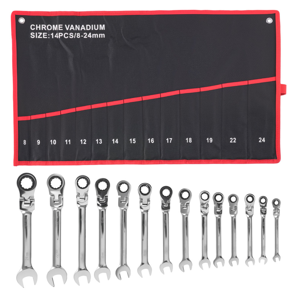 14 Piece CRV Flex Ratchet Spanner Set 8mm-24mm 72 Teeth Combination Wrench