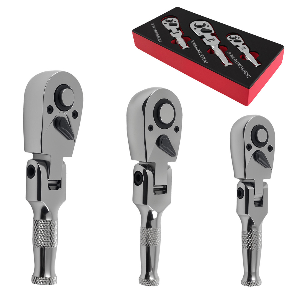 3-Piece Flex Head Ratchet Set 1/4 3/8 1/2 72T Quick Release CR-V Kit
