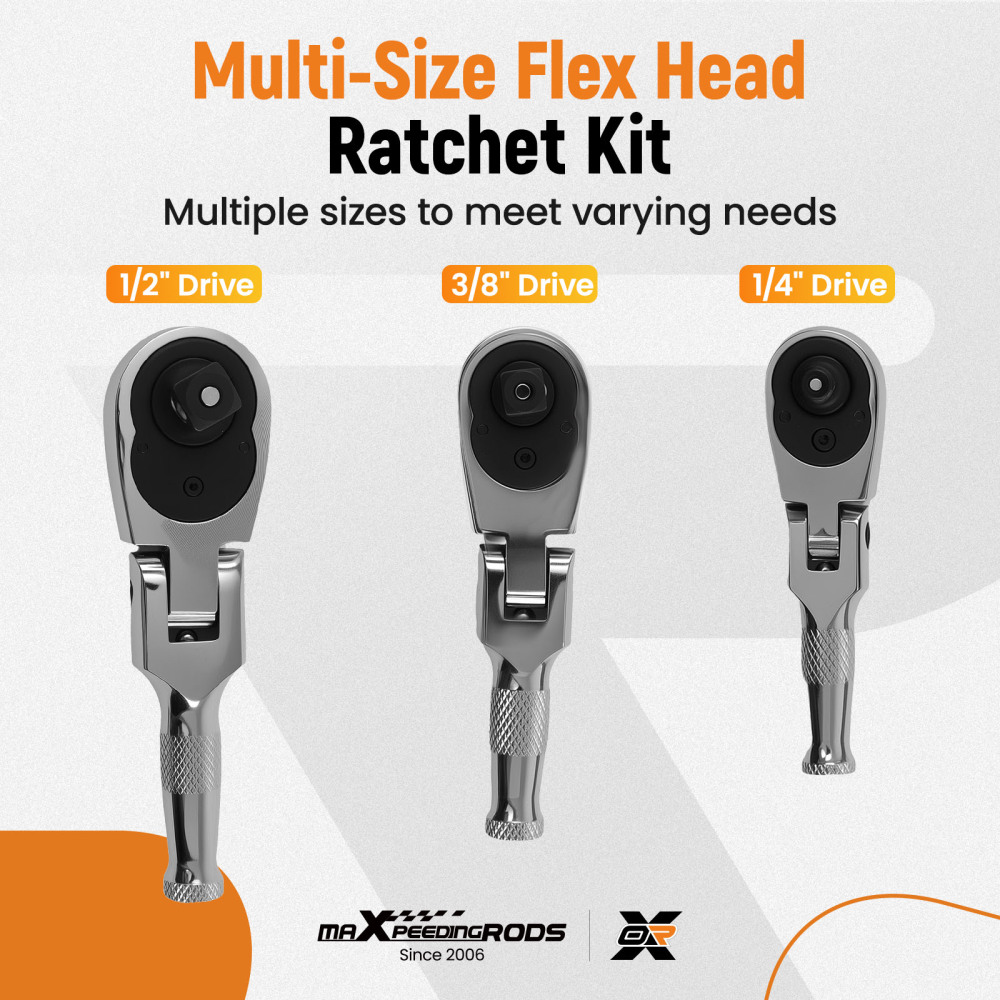 3-Piece Flex Head Ratchet Set 1/4 3/8 1/2 72T Quick Release CR-V Kit