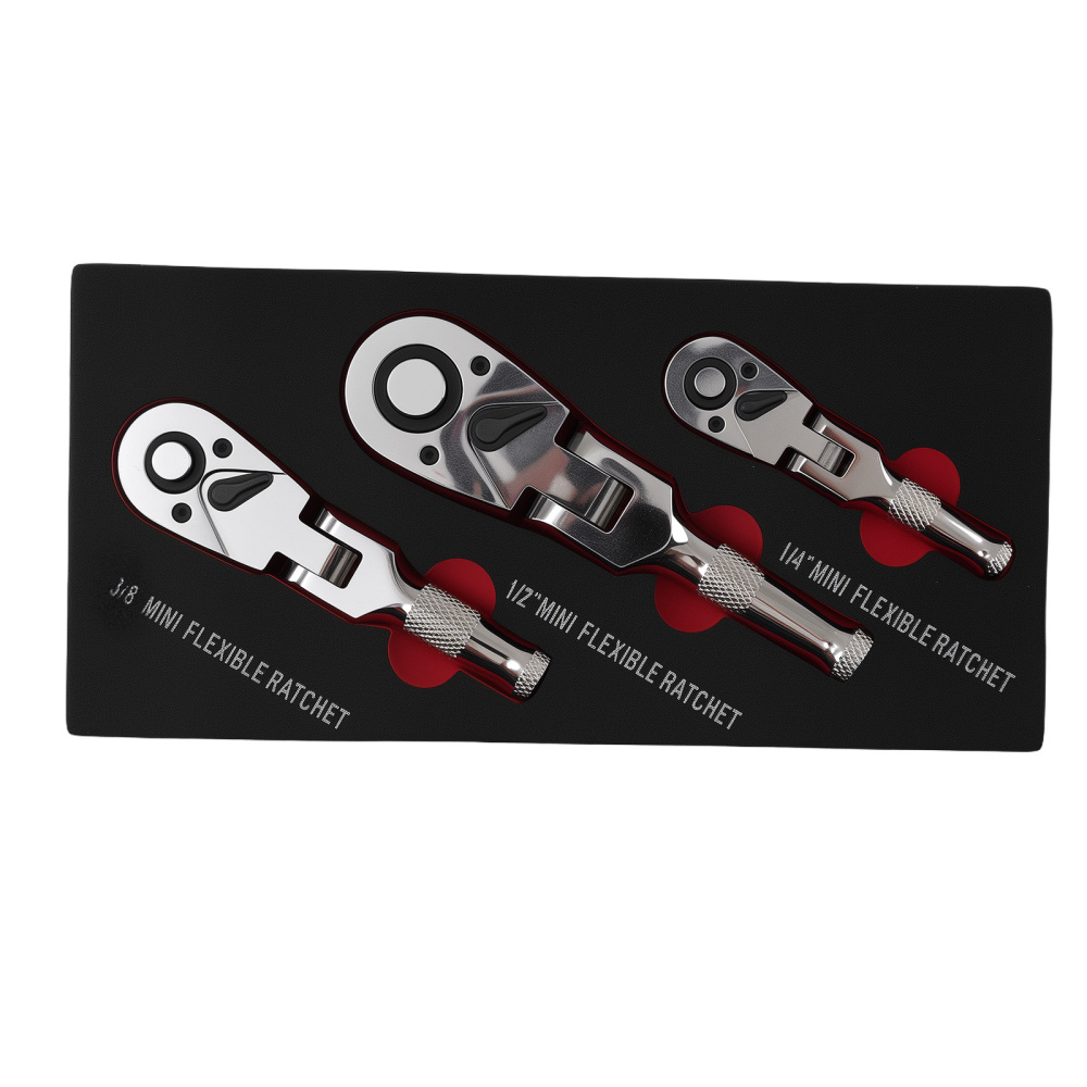 3-Piece Flex Head Ratchet Set 1/4 3/8 1/2 72T Quick Release CR-V Kit