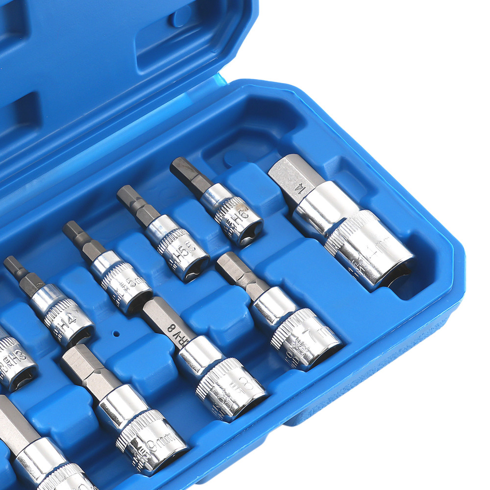 13 Piece CRV Hex Bit Socket Set Metric 1/4 3/8 1/2 Drive 2-14mm Storage
