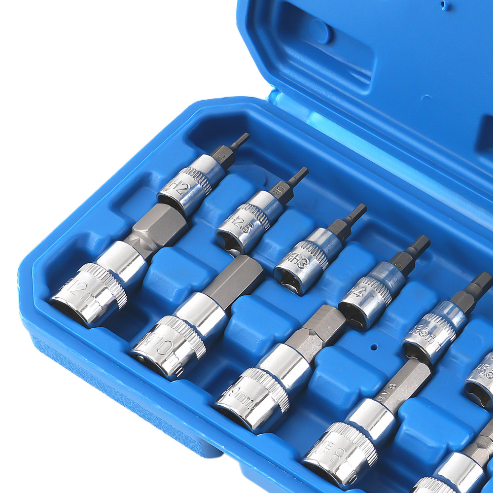 13 Piece CRV Hex Bit Socket Set Metric 1/4 3/8 1/2 Drive 2-14mm Storage