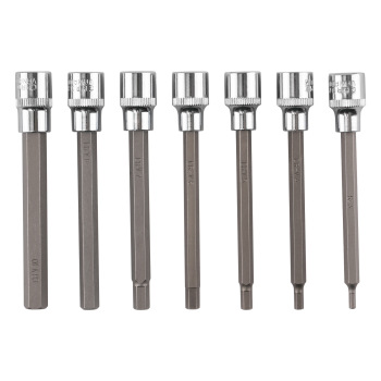 3/8in Drive 7pc Extra Long Hex Bit Socket Set 3-10mm Metric CRV Steel