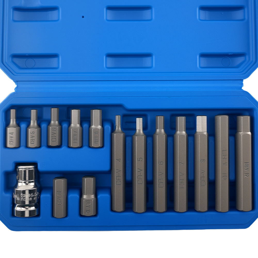 15 Chiavi Brugola CRV 30-75mm Metriche H4-H12 Adattatore 10mm 1/2 Quadro