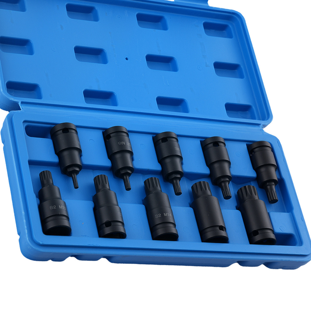1/2 Drive 10pc Spline Impact Socket Set M4-M18 S2 Steel Tamper Bit Sockets