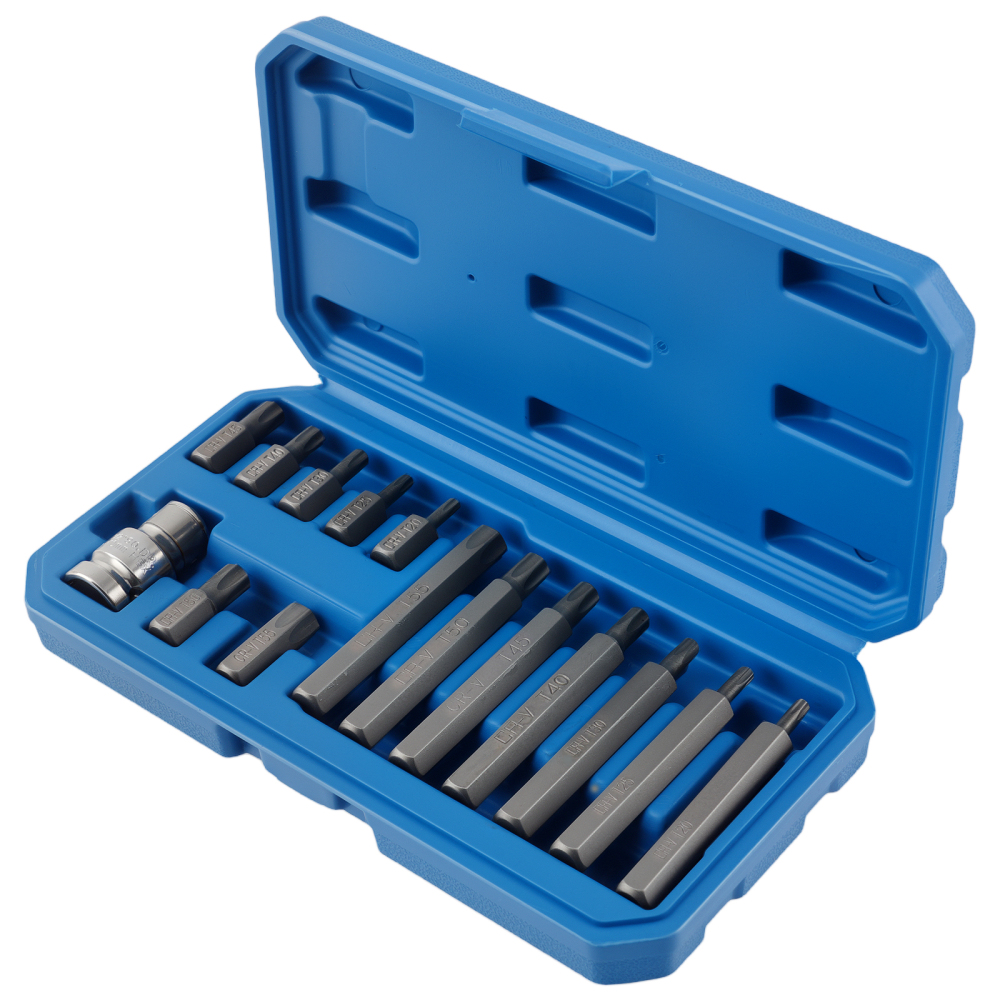 14 Piece Star Bit Socket Set T20-T55 CRV 30/75mm 1/2 Drive Adaptor