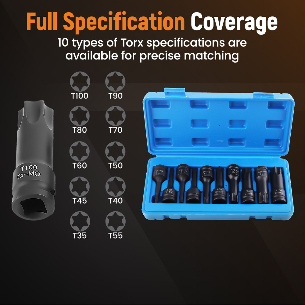 10Pcs T30-T100 1/2 Inch Socket Bits Set Star Drive Impact