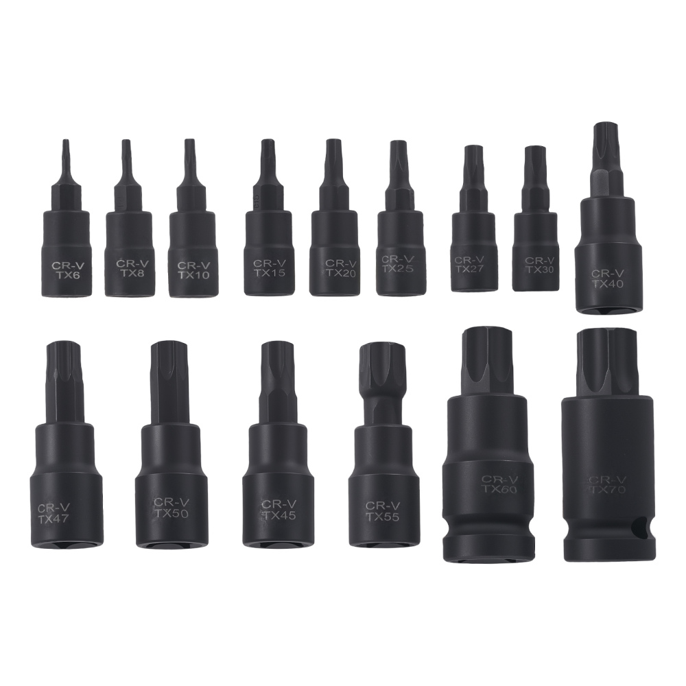 15pc CrMo Impact Star Socket Set 1/4 3/8 1/2 Drive T6-T70 Black compatible for Case