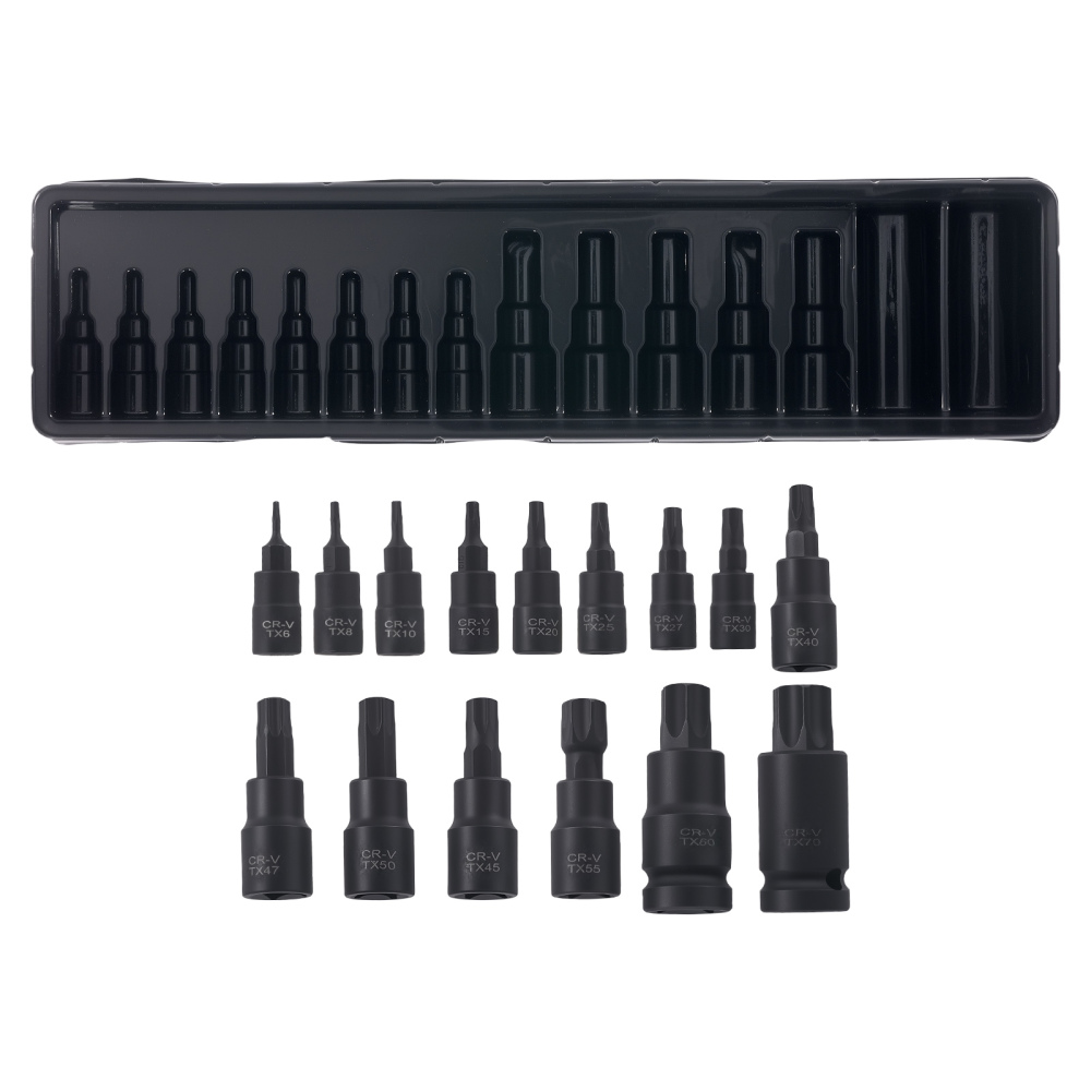 15pc CrMo Impact Star Socket Set 1/4 3/8 1/2 Drive T6-T70 Black compatible for Case