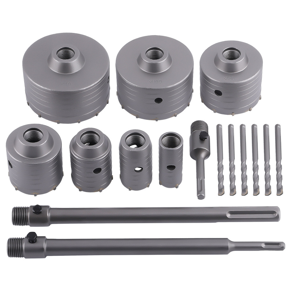 Brick Concrete Core Bit Carbide Hole Saw Set 16Pcs 30 40 50 65 80 100 110mm SDS