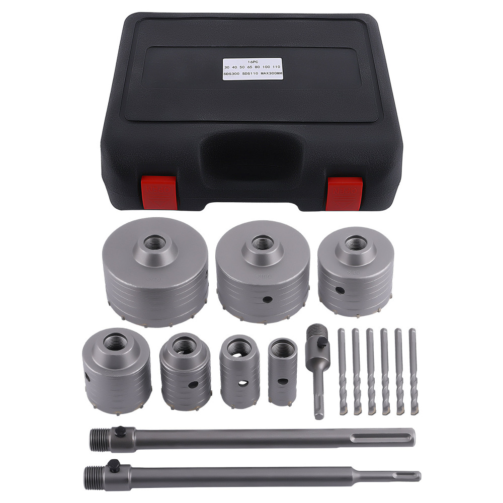 Brick Concrete Core Bit Carbide Hole Saw Set 16Pcs 30 40 50 65 80 100 110mm SDS