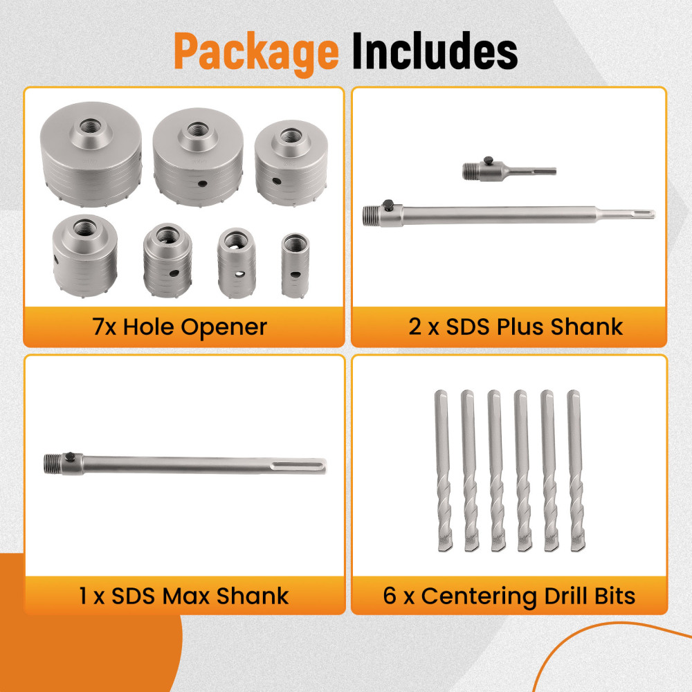 Brick Concrete Core Bit Carbide Hole Saw Set 16Pcs 30 40 50 65 80 100 110mm SDS