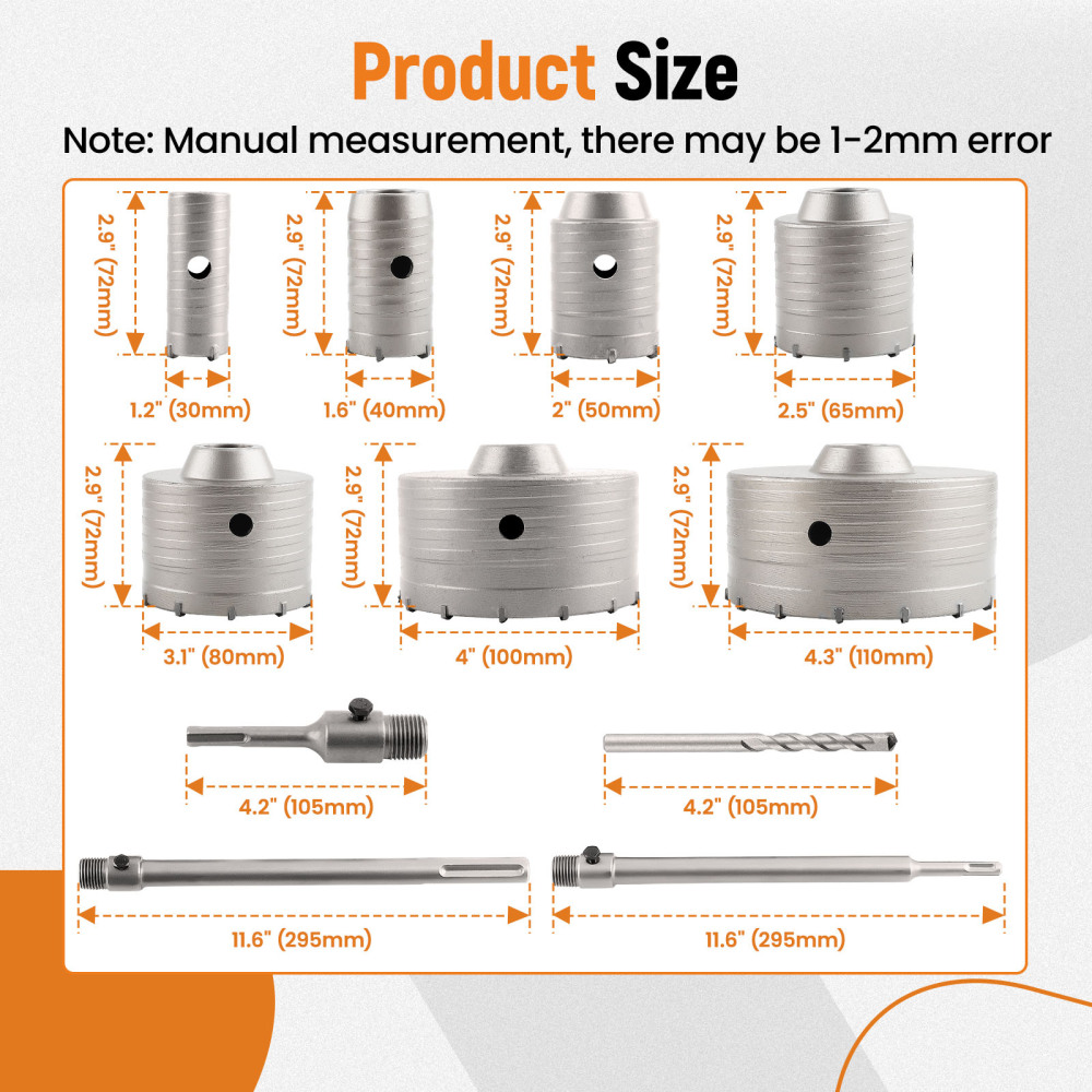 Brick Concrete Core Bit Carbide Hole Saw Set 16Pcs 30 40 50 65 80 100 110mm SDS