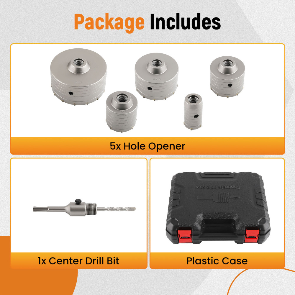 6x Concrete Hole Saw Kit 5 Inch SDS Plus Drill Bits Shank Hammer Drills