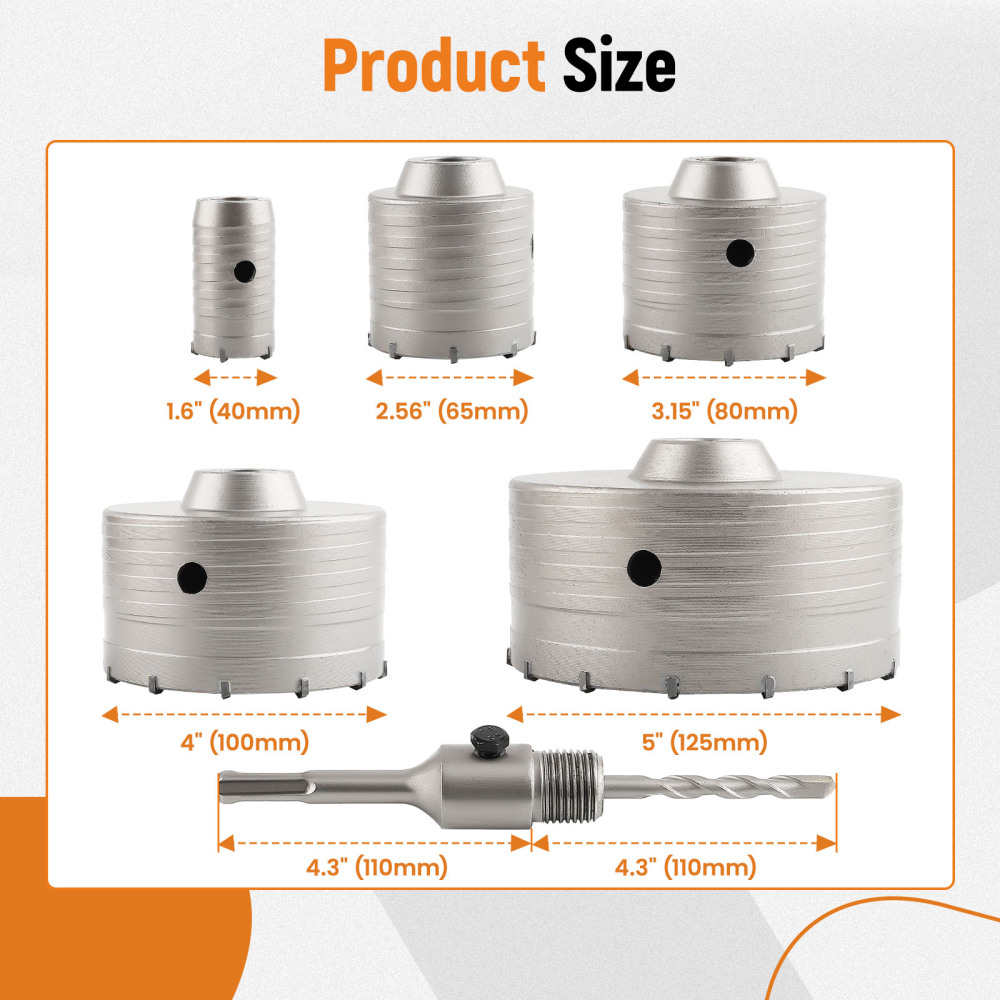 6x Concrete Hole Saw Kit 5 Inch SDS Plus Drill Bits Shank Hammer Drills