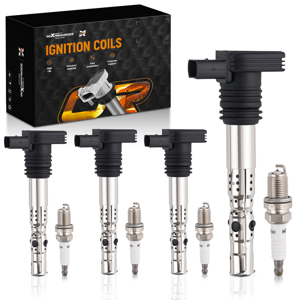 4pcs Ignition Coil + Spark Plugs compatible for Audi A4 TT 1.8L A6 2.7L 01-06 06B905115D