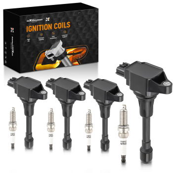 Pack of 4 Ignition Coil + Spark Plugs compatible for Nissan Altima Cube March NP300 Rogue