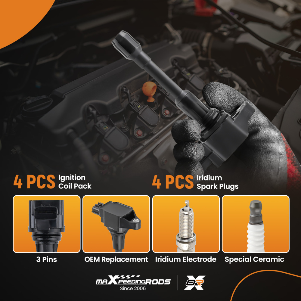 Pack of 4 Ignition Coil + Spark Plugs compatible for Nissan Altima Cube March NP300 Rogue