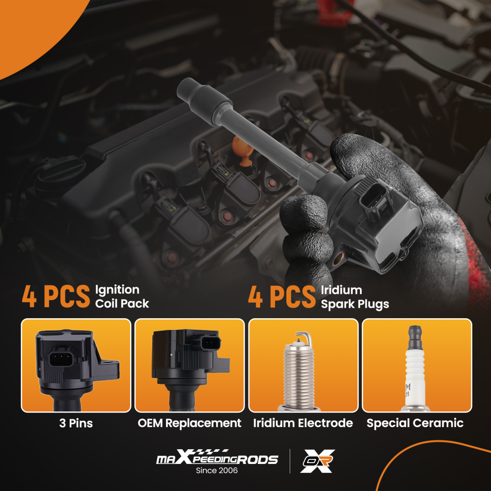 4x Ignition Coil + Spark Plug for 2016-2020 compatible for Honda Civic 2.0L Fit 1.5L UF749