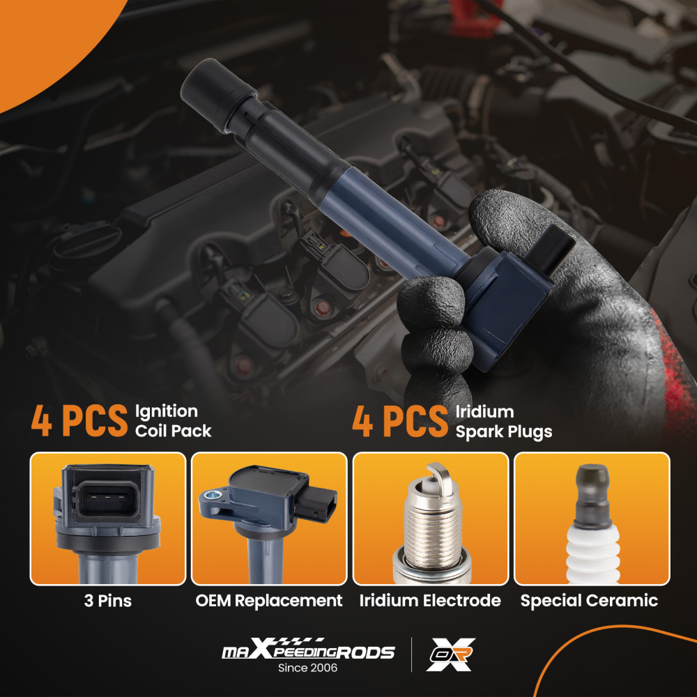 4 Ignition Coils + Spark Plugs compatible for Acura TSX 2.4L L4 2004-2008 UF417 6994 Black