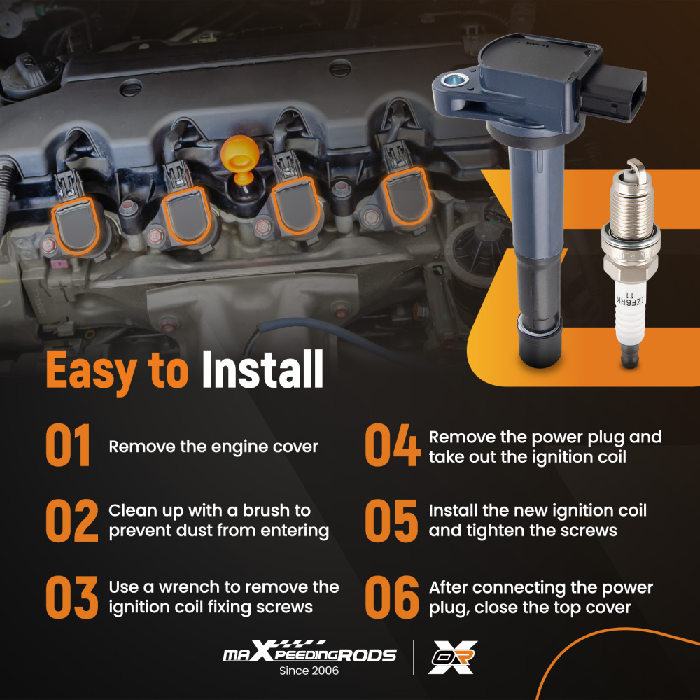 4 Ignition Coils + Spark Plugs compatible for Acura TSX 2.4L L4 2004-2008 UF417 6994 Black