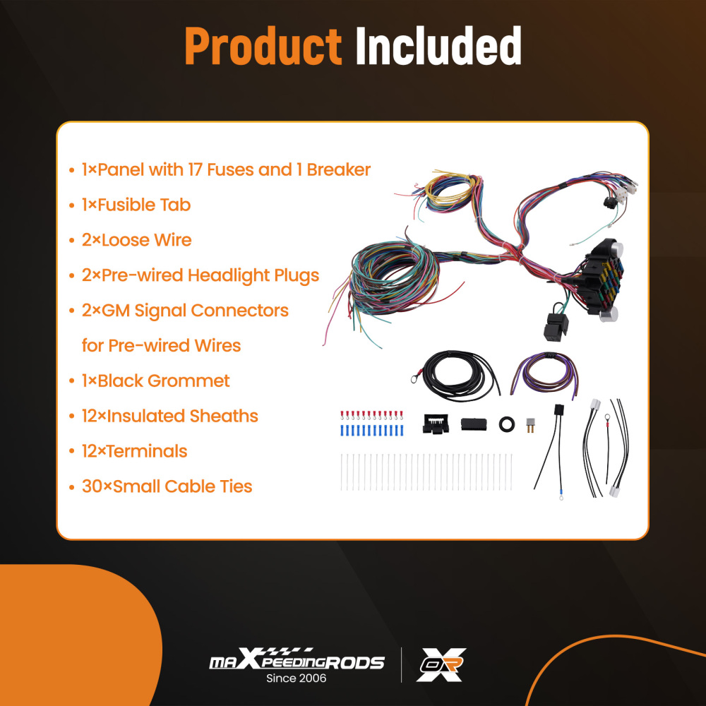 Wiring Harness 21 Circuit pre-wired 17 Fuses UNIVERSAL Hot Rod Extra long Wire