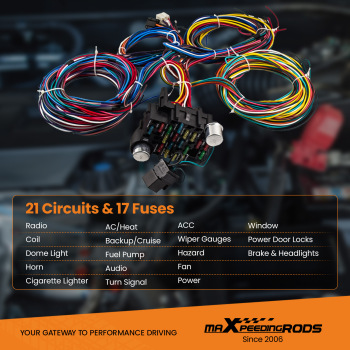 21 Circuit Wiring Harness compatible for CHEVY Mopar compatible for FORD Hotrods UNIVERSAL Extra long Wire