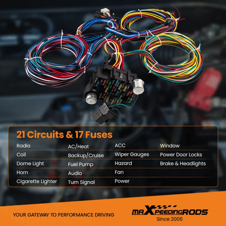 Universal 21 Circuit Wiring Harness Kit, Universal Extra Long Wire 21
