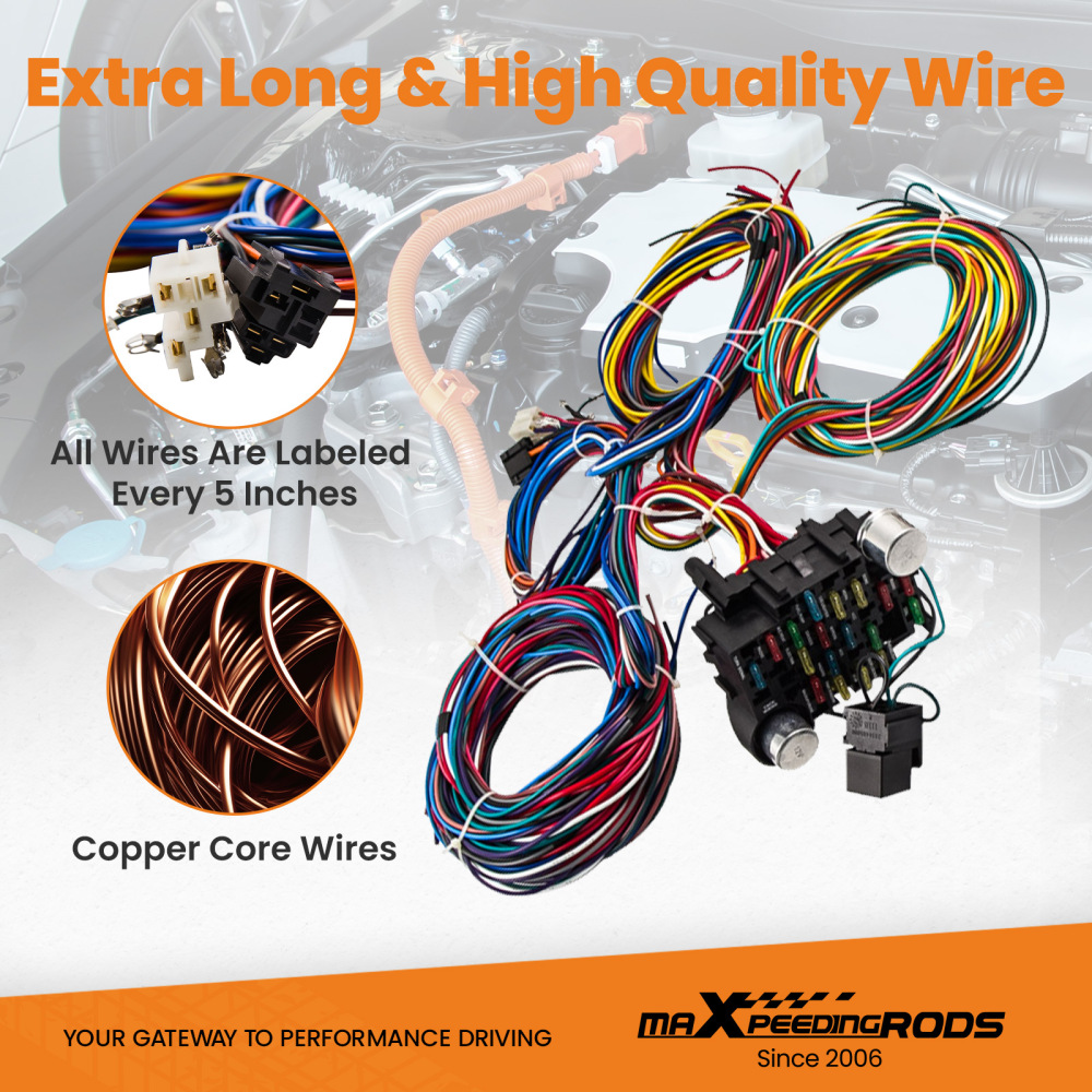 21 Circuit Wiring Harness compatible for CHEVY compatible for FORD Hotrod UNIVERSAL Extra long Wires