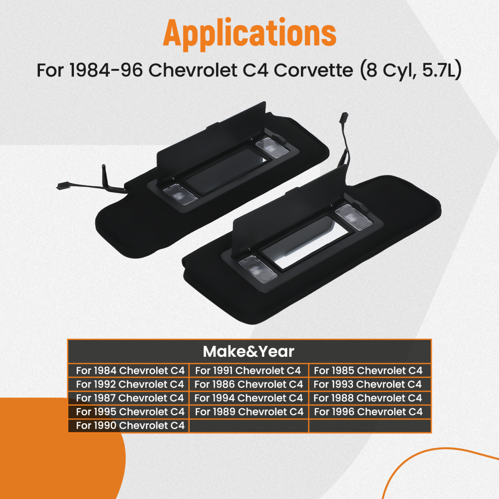 2 PCS Lighted Vanity Mirror Black compatible for Chevrolet C4 compatible for Corvette (8 Cyl, 5.7L) Front