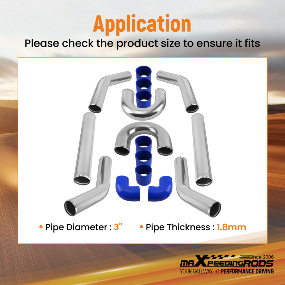 3 76mm Aluminum Universal Intercooler Turbo Piping Pipe and Blue hose and T-Clamp