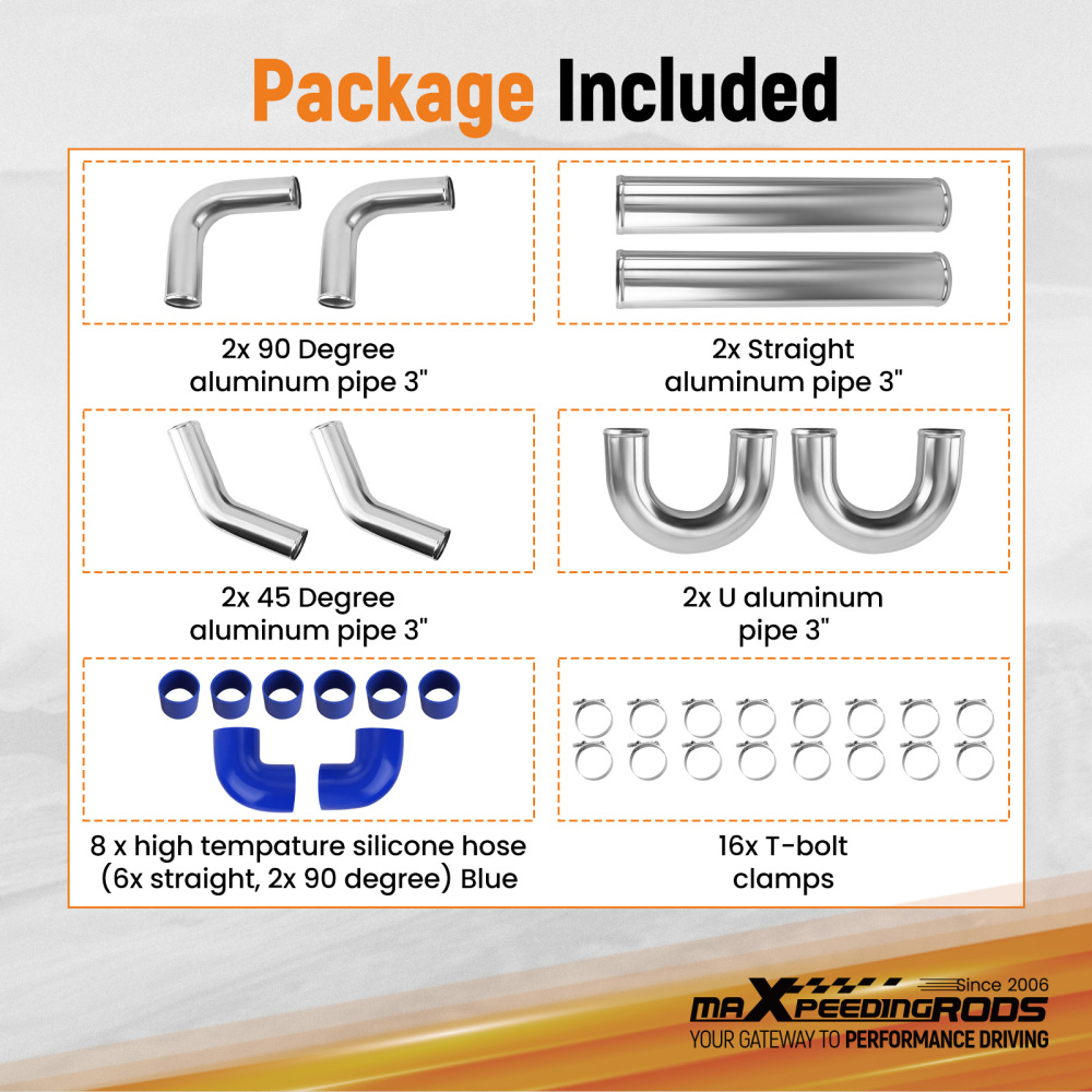 3 76mm Aluminum Universal Intercooler Turbo Piping Pipe and Blue hose and T-Clamp