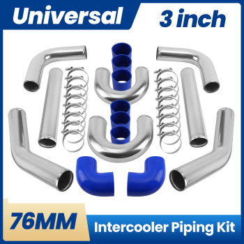 3 76mm Aluminum Universal Intercooler Turbo Piping Pipe and Blue hose and T-Clamp