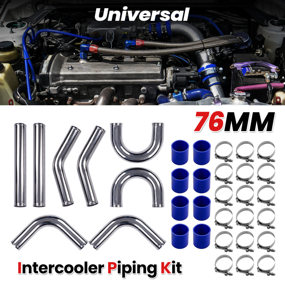 Intercooler Pipe 76mm 3 Inch Aluminum - Intercooler Piping Kit + Blue Hose Kits