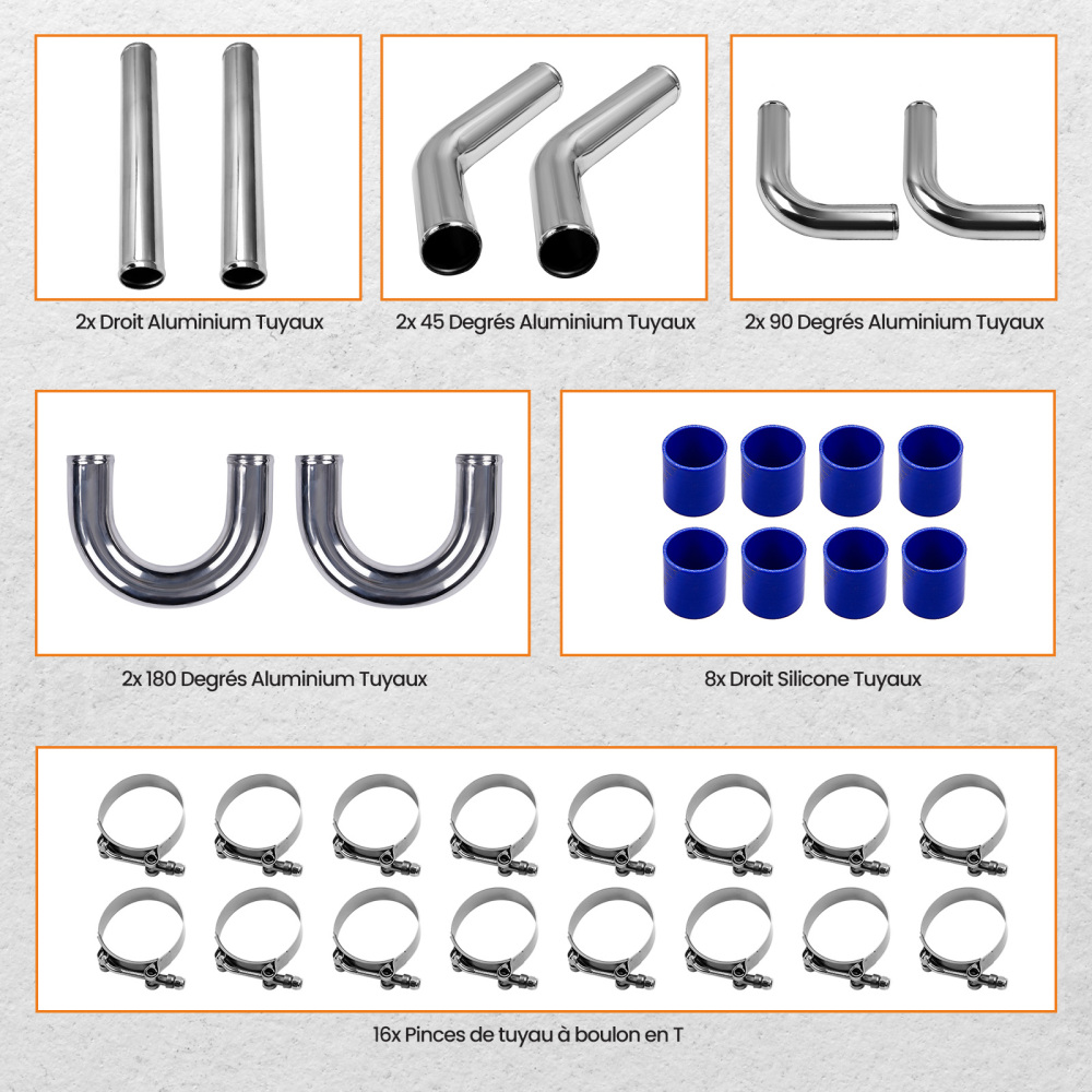 Intercooler Pipe 76mm 3 Inch Aluminum - Intercooler Piping Kit + Blue Hose Kits