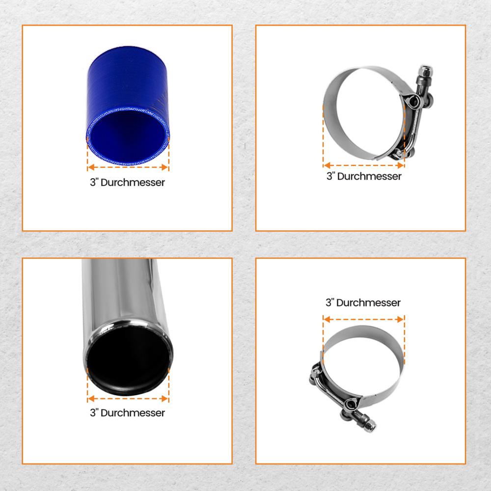 Intercooler Pipe 76mm 3 Inch Aluminum - Intercooler Piping Kit + Blue Hose Kits